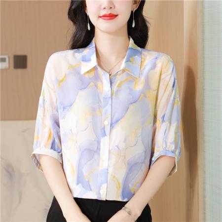 春夏新款翻领桑蚕丝开衫短袖女花色宽松气质显瘦百搭真丝衬衫 服裝批發女裝批發服飾貨源