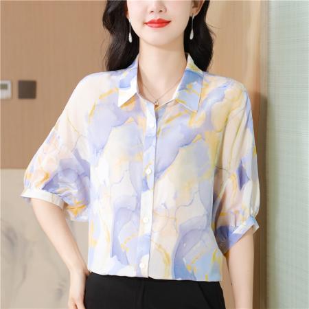 春夏新款翻领桑蚕丝开衫短袖女花色宽松气质显瘦百搭真丝衬衫 服裝批發女裝批發服飾貨源