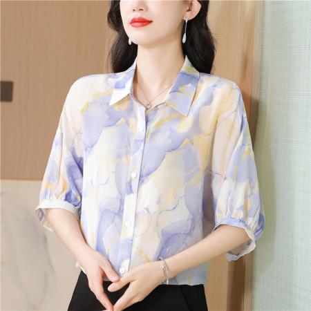 春夏新款翻领桑蚕丝开衫短袖女花色宽松气质显瘦百搭真丝衬衫 服裝批發女裝批發服飾貨源
