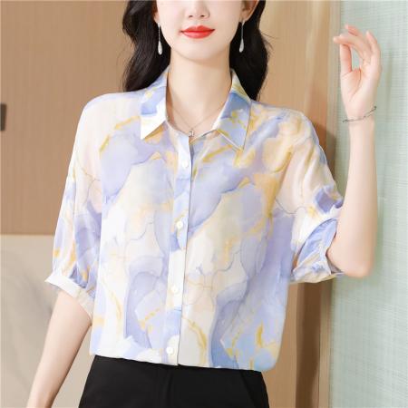 春夏新款翻领桑蚕丝开衫短袖女花色宽松气质显瘦百搭真丝衬衫 服裝批發女裝批發服飾貨源