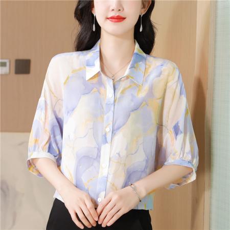 春夏新款翻领桑蚕丝开衫短袖女花色宽松气质显瘦百搭真丝衬衫 服裝批發女裝批發服飾貨源