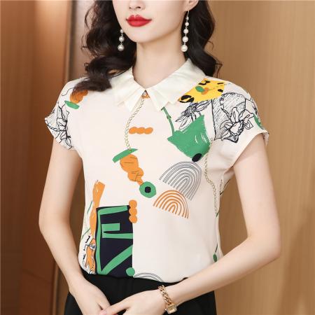 真丝衬衫女上衣夏装新款中国风短袖气质印花桑蚕丝中式衬衣女 服裝批發女裝批發服飾貨源