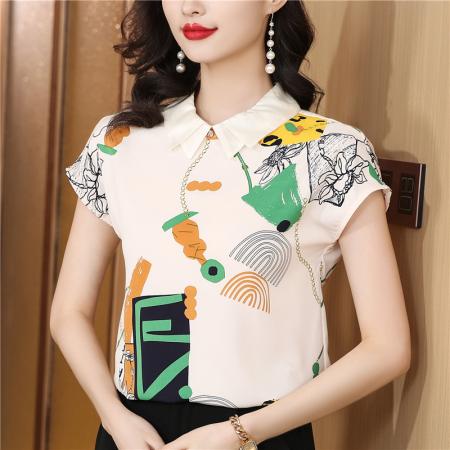 真丝衬衫女上衣夏装新款中国风短袖气质印花桑蚕丝中式衬衣女 服裝批發女裝批發服飾貨源