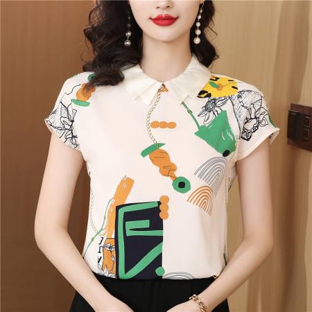 真丝衬衫女上衣夏装新款中国风短袖气质印花桑蚕丝中式衬衣女 服裝批發女裝批發服飾貨源