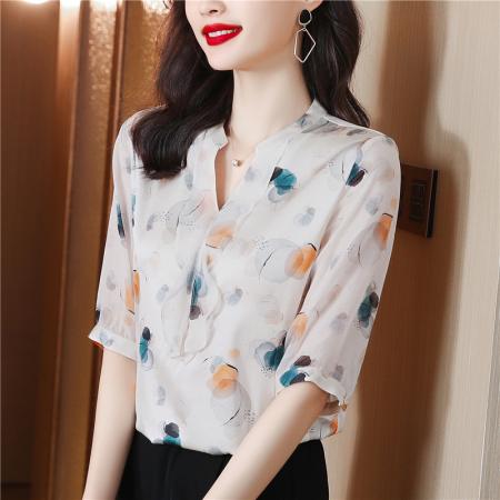杭州重磅真丝衬衫女士五分短袖衬衣夏新款印花高端桑蚕丝上衣 服裝批發女裝批發服飾貨源