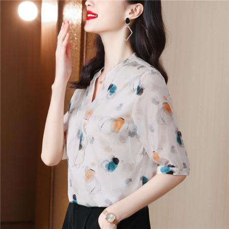 杭州重磅真丝衬衫女士五分短袖衬衣夏新款印花高端桑蚕丝上衣 服裝批發女裝批發服飾貨源