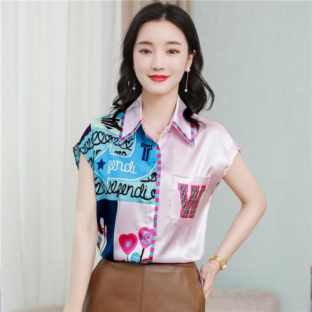 重磅真丝短袖衬衫夏季新款女洋气高端修身拼接印花桑蚕丝上衣 服裝批發女裝批發服飾貨源