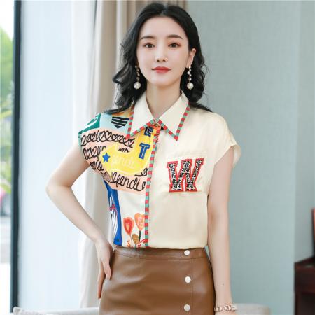重磅真丝短袖衬衫夏季新款女洋气高端修身拼接印花桑蚕丝上衣 服裝批發女裝批發服飾貨源