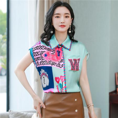 重磅真丝短袖衬衫夏季新款女洋气高端修身拼接印花桑蚕丝上衣 服裝批發女裝批發服飾貨源
