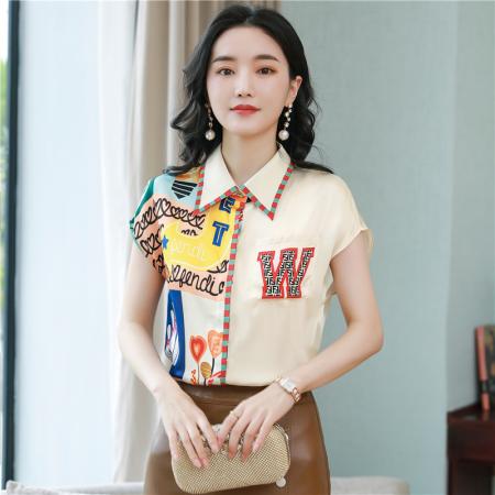 重磅真丝短袖衬衫夏季新款女洋气高端修身拼接印花桑蚕丝上衣 服裝批發女裝批發服飾貨源