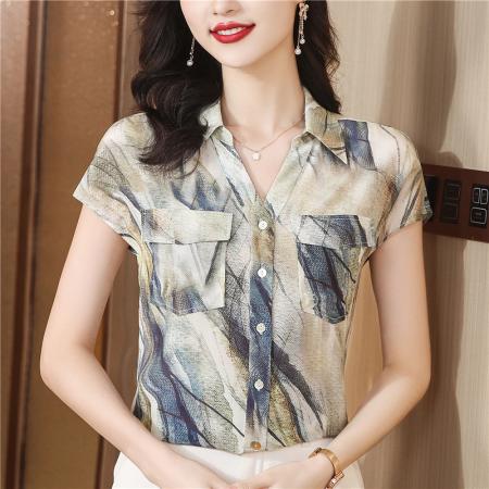 重磅真丝衬衫女短袖宽松夏季设计感小众高级感高端气质桑蚕丝衬衣 服裝批發女裝批發服飾貨源