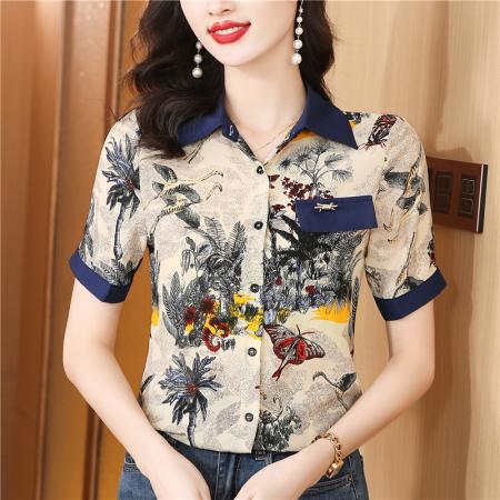 法式复古翻领真丝衬衫女夏季高端...