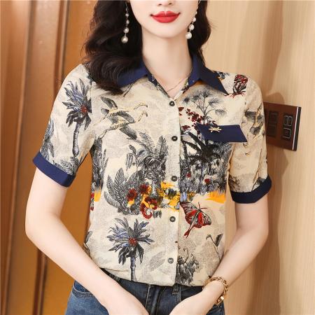 法式复古翻领真丝衬衫女夏季高端洋气显瘦减龄衬衣百搭时尚上衣潮 服裝批發女裝批發服飾貨源