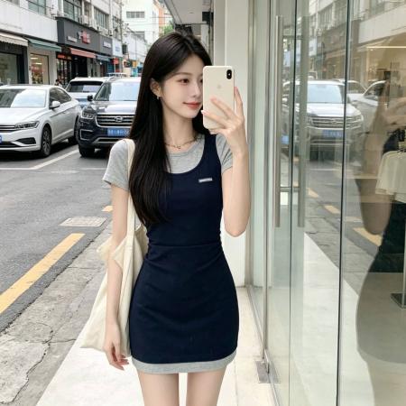 假两件气质短袖连衣裙修身显瘦收腰设计感小个子短裙 服裝批發女裝批發服飾貨源