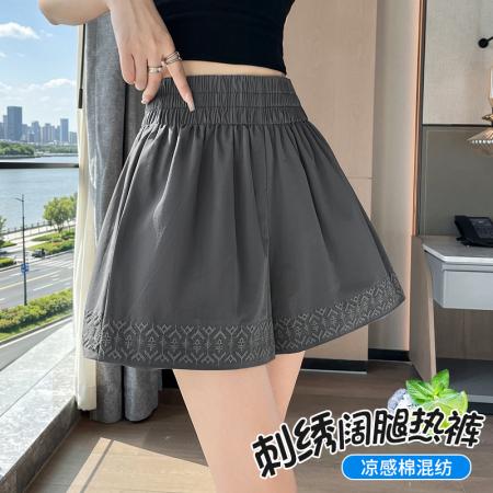 BY24523# 纯色刺绣短裤女夏季外穿宽松显瘦阔腿裤松紧高腰a字休闲百搭热裤 服裝批發女裝批發服飾貨源