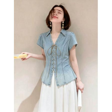 韩系蓝色牛仔衬衫女夏季新款短袖系带收腰泡泡袖衬衫夏季显瘦上衣 服裝批發女裝批發服飾貨源