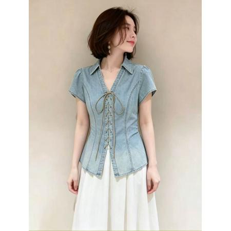 韩系蓝色牛仔衬衫女夏季新款短袖系带收腰泡泡袖衬衫夏季显瘦上衣 服裝批發女裝批發服飾貨源