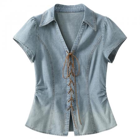 韩系蓝色牛仔衬衫女夏季新款短袖系带收腰泡泡袖衬衫夏季显瘦上衣 服裝批發女裝批發服飾貨源