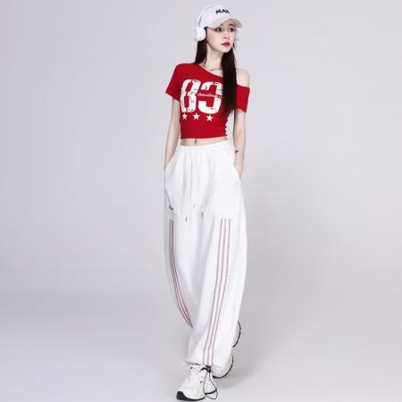 BY24552# 夏季新款爵士舞显瘦宽松露肩演出服体操服街舞广场舞运动套装  服裝批發女裝批發服飾貨源