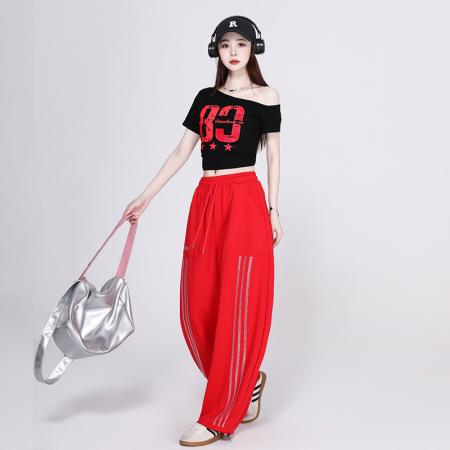 BY24552# 夏季新款爵士舞显瘦宽松露肩演出服体操服街舞广场舞运动套装  服裝批發女裝批發服飾貨源