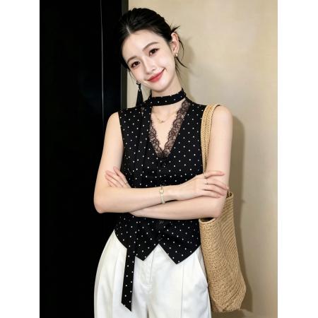 BY24559# 法式复古波点蕾丝拼接衬衫女夏无袖减龄时尚洋气独特漂亮飘带上衣  服裝批發女裝批發服飾貨源