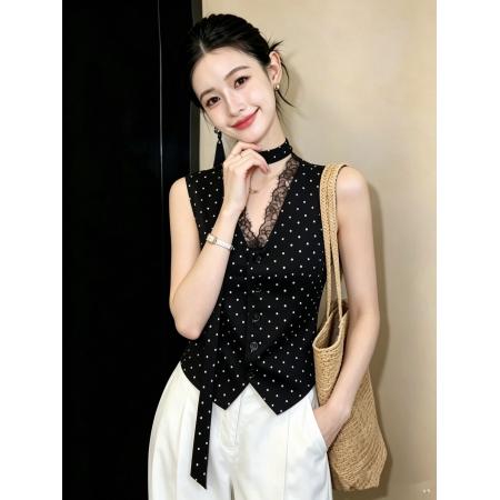 BY24559# 法式复古波点蕾丝拼接衬衫女夏无袖减龄时尚洋气独特漂亮飘带上衣  服裝批發女裝批發服飾貨源