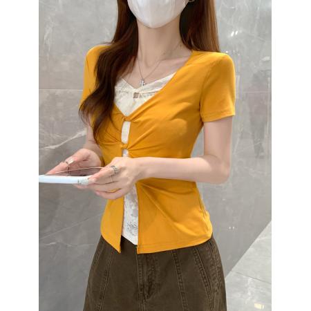 BY24562# 纯棉螺纹短袖t恤女夏新款短款修身蕾丝假两件扭结上衣  服裝批發女裝批發服飾貨源