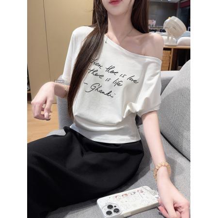 BY24563# 晨雾棉短袖t恤夏新款短款宽松印花斜领上衣大码女装  服裝批發女裝批發服飾貨源