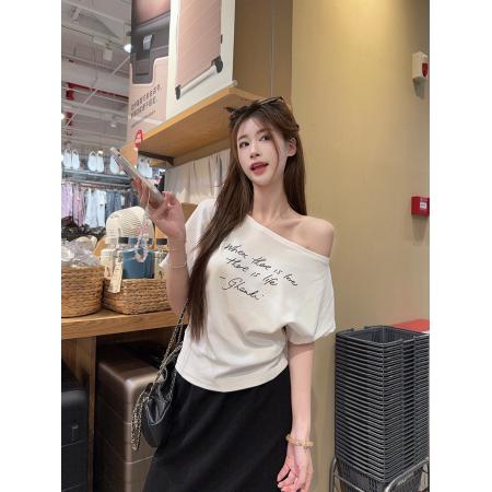 BY24563# 晨雾棉短袖t恤夏新款短款宽松印花斜领上衣大码女装  服裝批發女裝批發服飾貨源