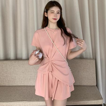 BY24567# 棉夏季设计感休闲套装女短裤裙不规则短袖上衣  服裝批發女裝批發服飾貨源