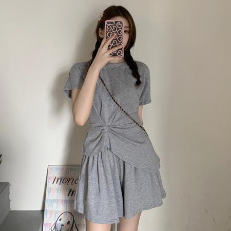 BY24567# 棉夏季设计感休闲套装女短裤裙不规则短袖上衣  服裝批發女裝批發服飾貨源