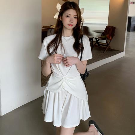 BY24567# 棉夏季设计感休闲套装女短裤裙不规则短袖上衣  服裝批發女裝批發服飾貨源