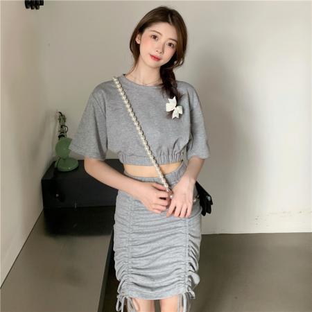 BY24568# 人棉夏季两件套装女半身裙包臀高腰短款上衣女潮  服裝批發女裝批發服飾貨源