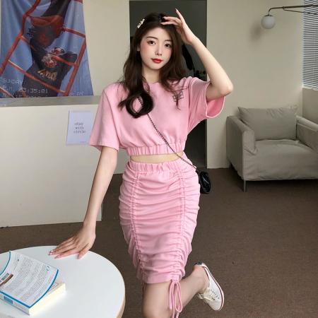 BY24568# 人棉夏季两件套装女半身裙包臀高腰短款上衣女潮  服裝批發女裝批發服飾貨源