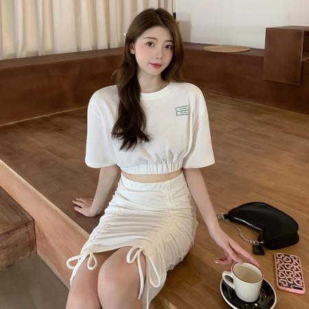 BY24568# 人棉夏季两件套装女半身裙包臀高腰短款上衣女潮  服裝批發女裝批發服飾貨源
