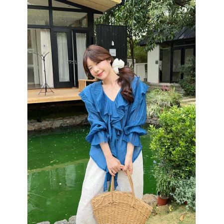 BY24599# 大码荷叶边云纱防晒衬衫上衣  服裝批發女裝批發服飾貨源