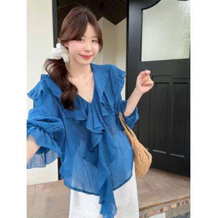 BY24599# 大码荷叶边云纱防晒衬衫上衣  服裝批發女裝批發服飾貨源