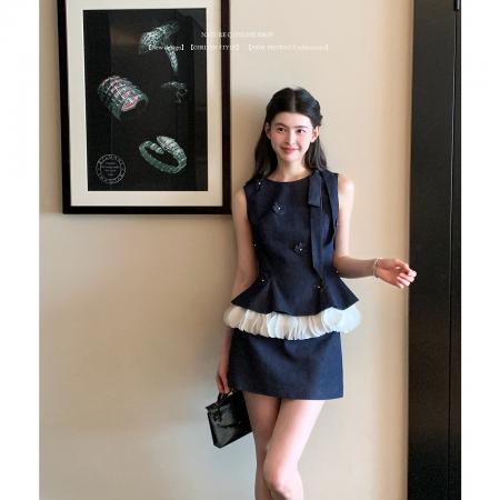 BY24610# 杨小卷莱赛尔亚麻牛仔套装女夏miu系高智千金荷叶边无袖收腰套装  服裝批發女裝批發服飾貨源