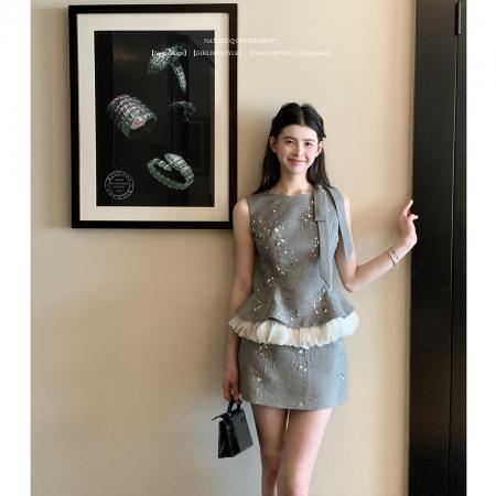 BY24610# 杨小卷莱赛尔亚麻牛仔套装女夏miu系高智千金荷叶边无袖收腰套装  服裝批發女裝批發服飾貨源