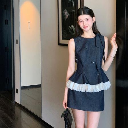 BY24610# 杨小卷莱赛尔亚麻牛仔套装女夏miu系高智千金荷叶边无袖收腰套装  服裝批發女裝批發服飾貨源