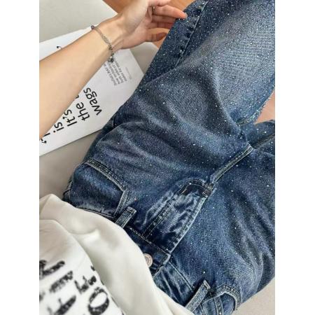 BY24640# 大码烫钻五分牛仔短裤女夏季胖mm复古美式高腰显瘦直筒阔腿中裤子  服裝批發女裝批發服飾貨源