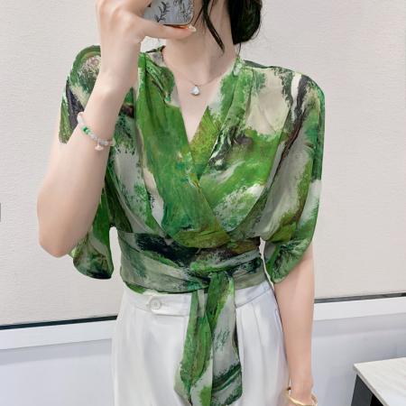 BY24652# 夏季新款雪纺印花系带小衫休闲飘带宽松T恤女潮  服裝批發女裝批發服飾貨源