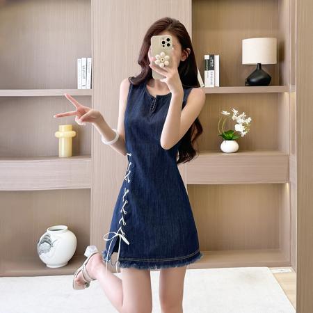 BY24658# 夏季无袖连衣裙短裙牛仔裙高腰法式浪漫收腰显瘦清新  服裝批發女裝批發服飾貨源