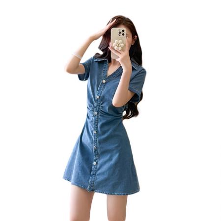 BY24659# 牛仔连衣裙短袖短裙收腰高腰显瘦V领活泼好看减龄显瘦  服裝批發女裝批發服飾貨源