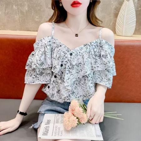 BY24662# 时尚露肩一字领短袖衬衫女夏装夏季新款法式荷叶边吊带上衣  服裝批發女裝批發服飾貨源