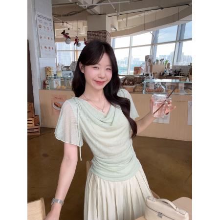BY24665# 大码韩系纯欲荡领短袖T恤夏季新款褶皱肌理感收腰绝美上衣  服裝批發女裝批發服飾貨源