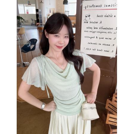 BY24665# 大码韩系纯欲荡领短袖T恤夏季新款褶皱肌理感收腰绝美上衣  服裝批發女裝批發服飾貨源