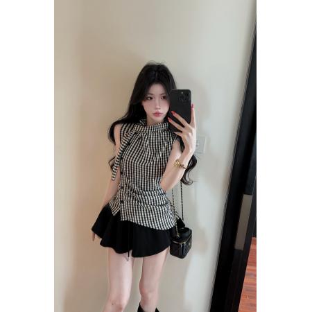 BY24666# 复古格纹领结收腰褶皱设计感显瘦无袖背心气质上衣女  服裝批發女裝批發服飾貨源