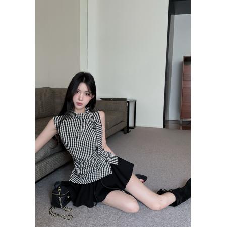 BY24666# 复古格纹领结收腰褶皱设计感显瘦无袖背心气质上衣女  服裝批發女裝批發服飾貨源