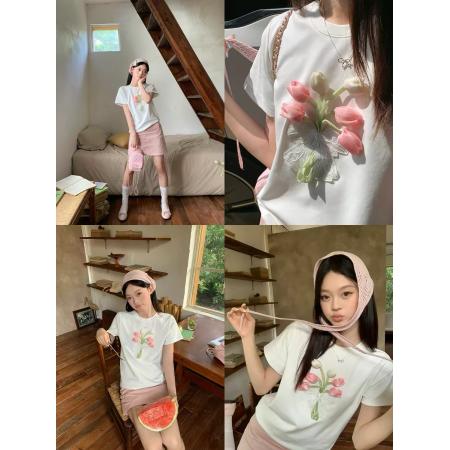 BY24672# 宋正恩白色正肩宽松短袖T恤女夏季穿搭立体花卉韩系巨好看的上衣  服裝批發女裝批發服飾貨源
